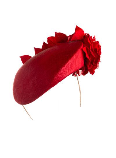 Emily-London red straw beret pillbox hat with red silk roses