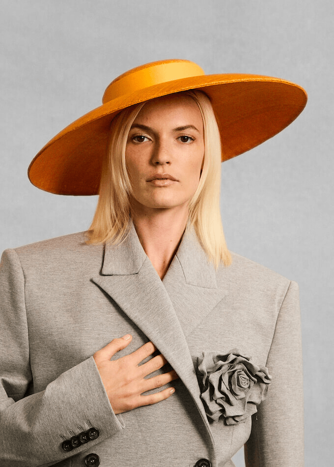 Marina wide brim straw hat with tailored silk band in orange