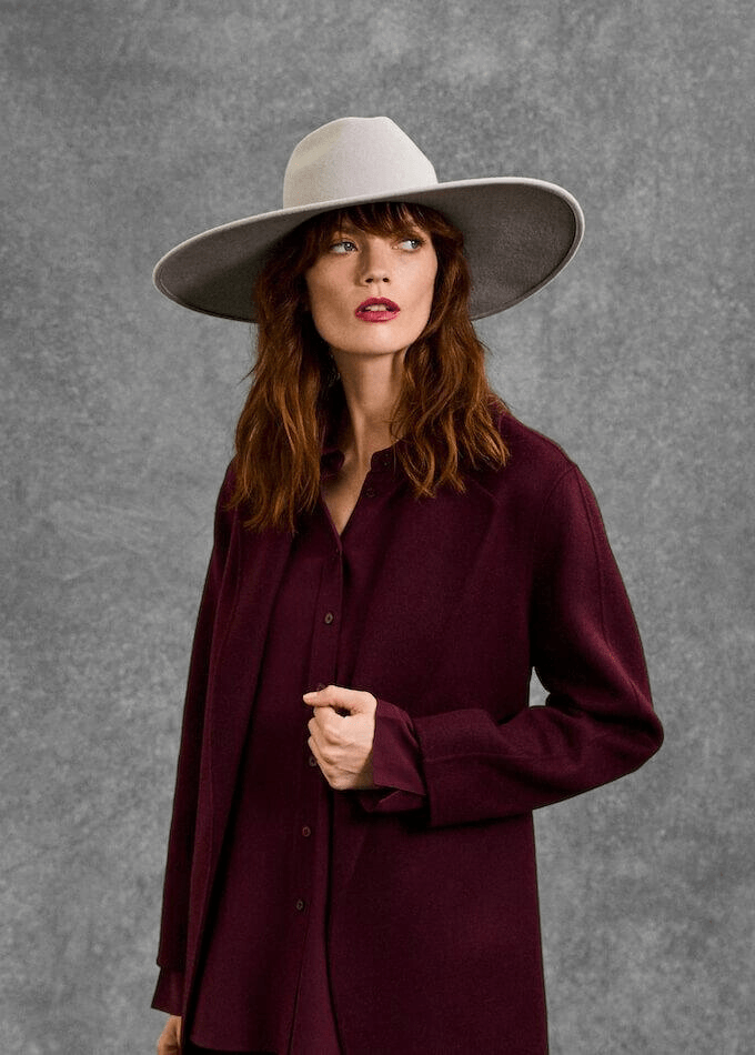 Yves light grey rabbit felt fedora on model