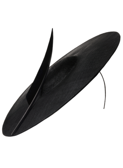 Black straw disc hat with single sharp feather detail