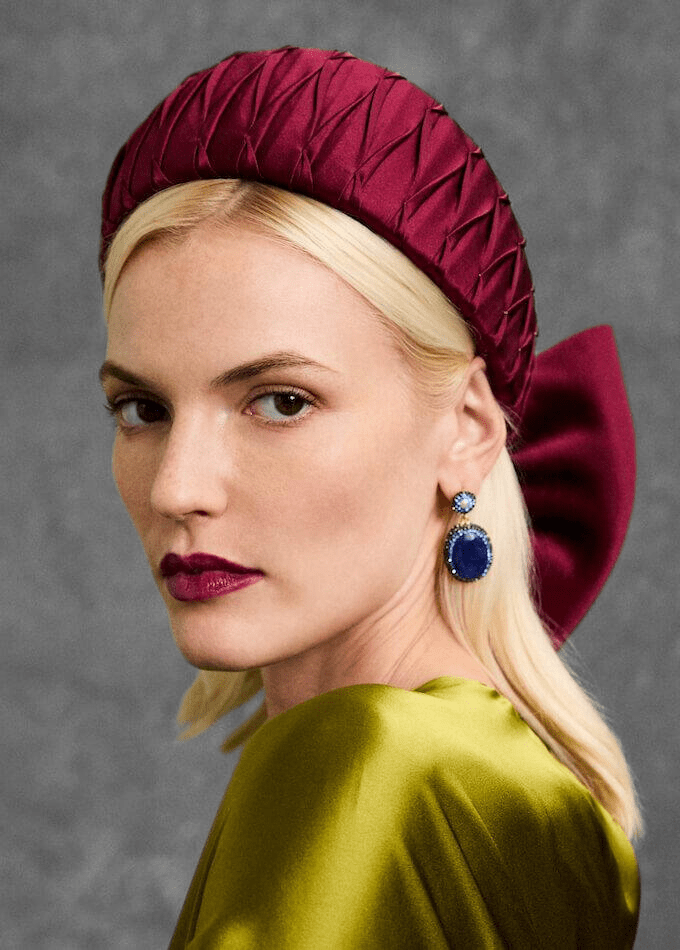 Burgundy silk sotheby pleated halo headpiece with bow