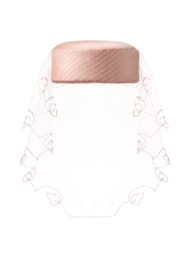 Light pink silk oval pillbox hat with 1930s vintage veiling