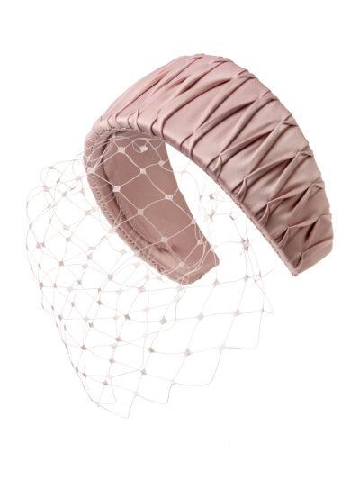 pink silk crescent headpiece with detachable birdcage veil
