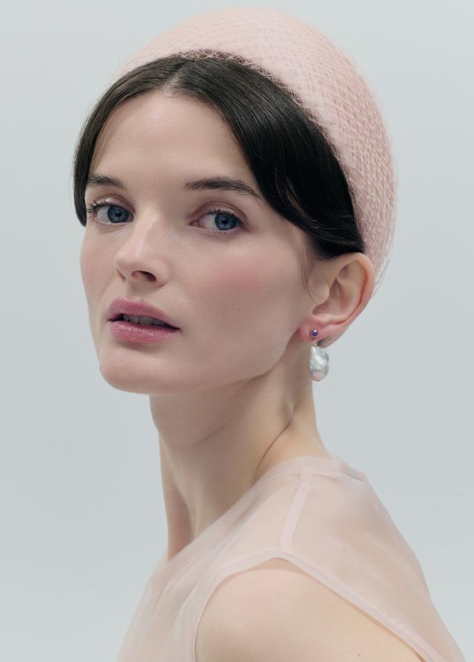 Model image of Manon silk pink veiled headpiece
