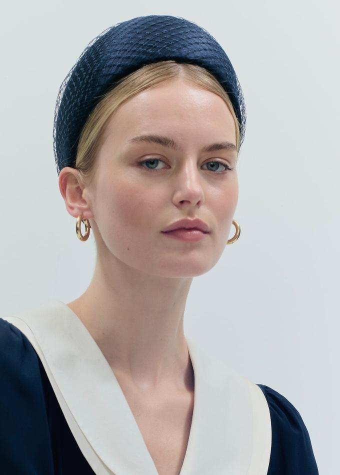 Manon navy silk headpiece with wrapped navy veiling