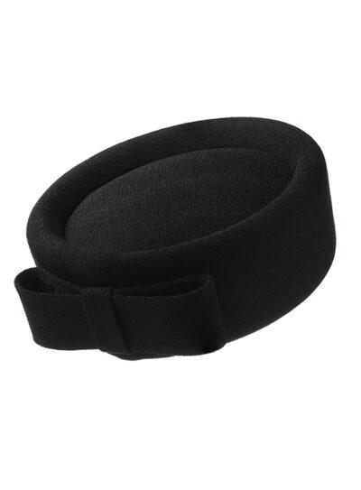 Black crepe pillbox hat with tailored black crepe bow