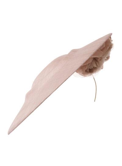 Blush pink straw disc hat with light pink silk flowers under the brim