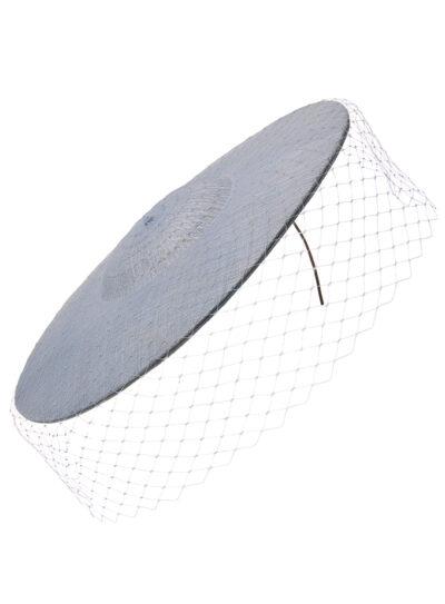 Zaehtia light blue straw disc hat with nylon birdcage veiling