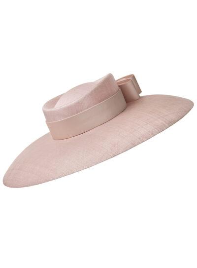 Wide brim Donna straw hat with deep crown and tailored silk band with bow