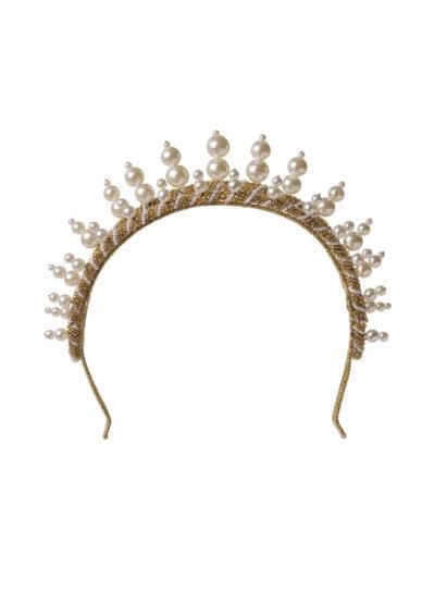 Lazio crown headpiece in gold and silver wire with pearl tips