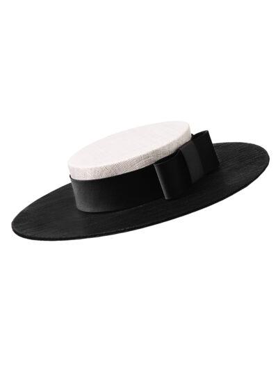 Howie boater hat with white crown, black brim and tailored black silk band and bow