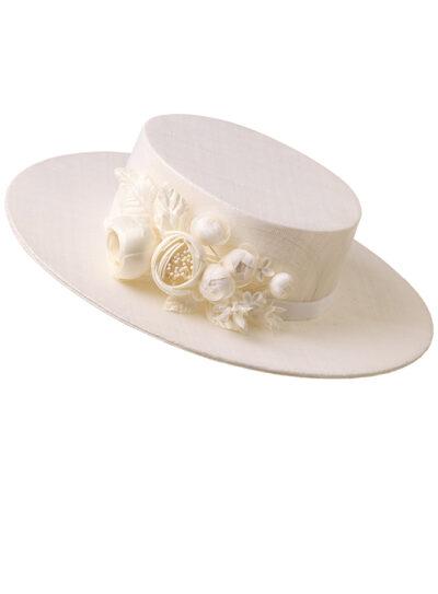 Ivory straw boater hat with floral appliqué