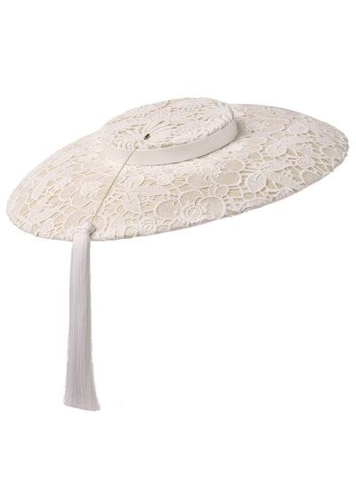 wide brimmed natural lace straw hat with tassel