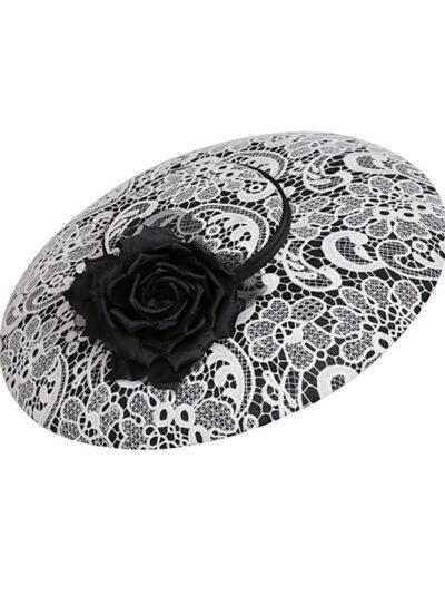 Black and White lace wide brimmed straw hat with delicate lace detail and black silk flower