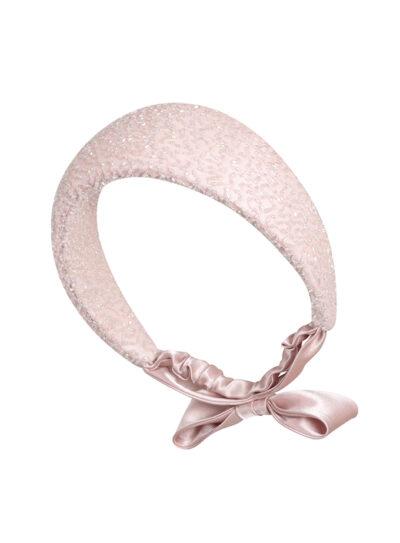 Light pink beaded silk chiffon headpiece with pink silk bow