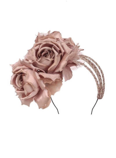 Giuliana wire headpiece in gold and nude beads with 3 large silk asymmetric flowers