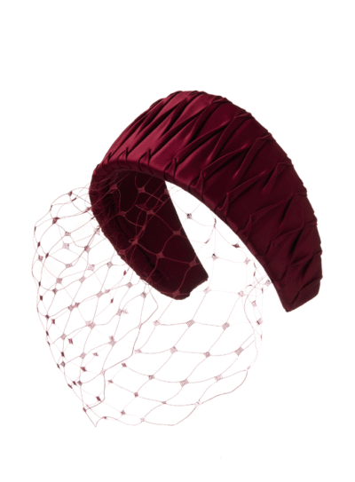 Burgundy Graziana silk pleated headpiece with detachable birdcage veil