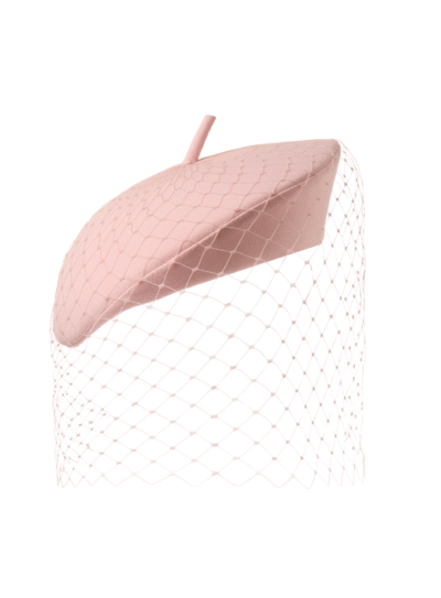 Light pink crepe hand-blocked beret pillbox with birdcage veil