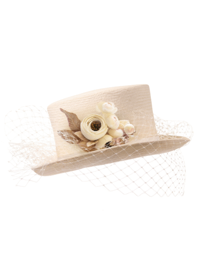 Alice Panama top hat with veil and warmer flowers