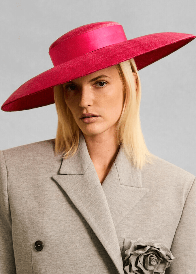 Marina straw wide brim hat with tailored silk band in dark pink