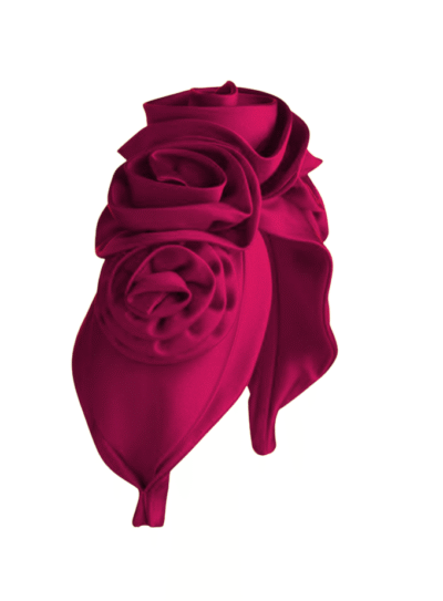Reina silk turban style headpiece with silk rose detail in fuchsia