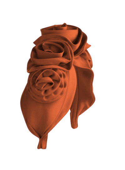 Reina silk turban style headpiece with floral motif in Sienna burnt orange