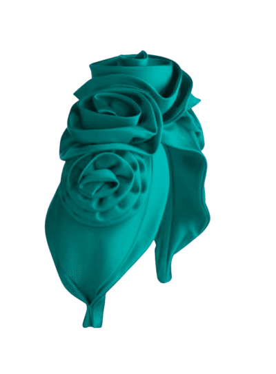Reina teal silk turban style headpiece with silk floral motif