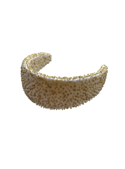 Beaded silk chiffon headpiece with glass beads in off-white chiffon and yellow gold beading