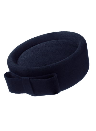 Gisele pillbox hat in navy silk crepe with a tailored silk crepe bow