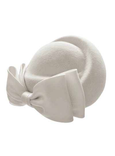 Winter white Kennedy pillbox hat in brushed rabbit felt with a tailored white silk bow