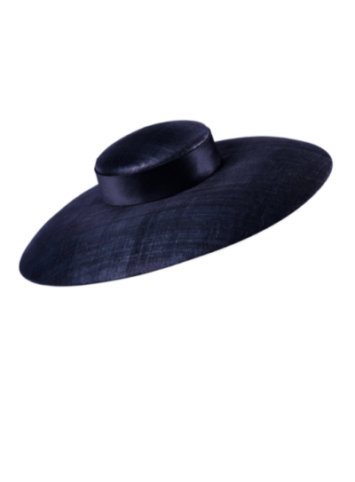 Navy wide brim straw hat with tailored silk band