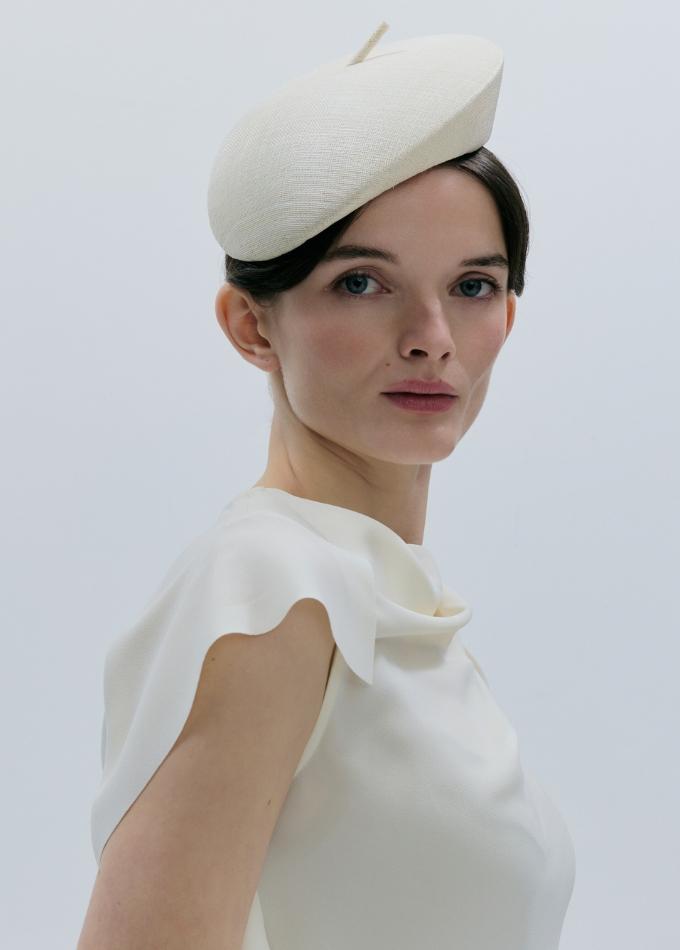 Model image of Chloe straw pillbox hat in natural almond