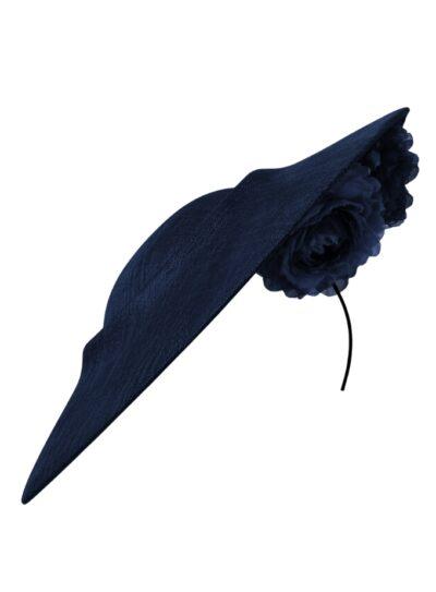 Navy straw disc Gwen hat with silk flowers under the brim